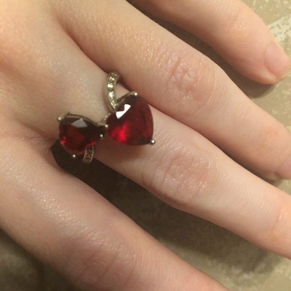 Ruby heart & silver ring, earrings, & necklace set
